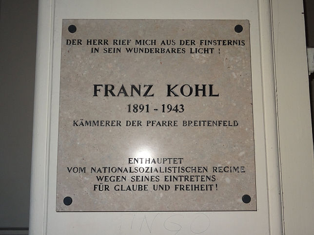 Breitenfelder Pfarrkirche, Gedenktafel Franz Kohl